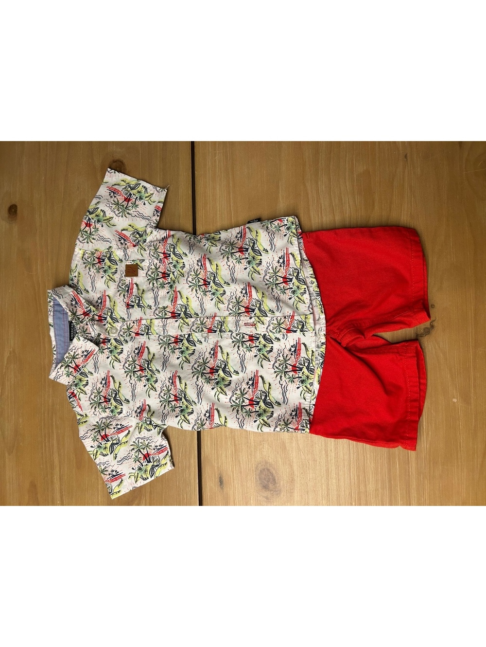 American Hawk Boys' Tropical Print Button-Up Shirt and Red Shorts Set Size 2T